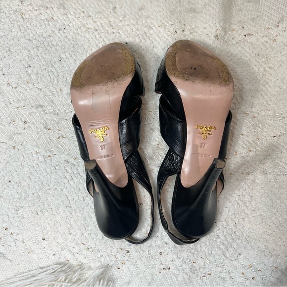 Prada Heels Black Leather Peep Toe Slingback Platform Stiletto High Heels 6.5 - Picture 7 of 8